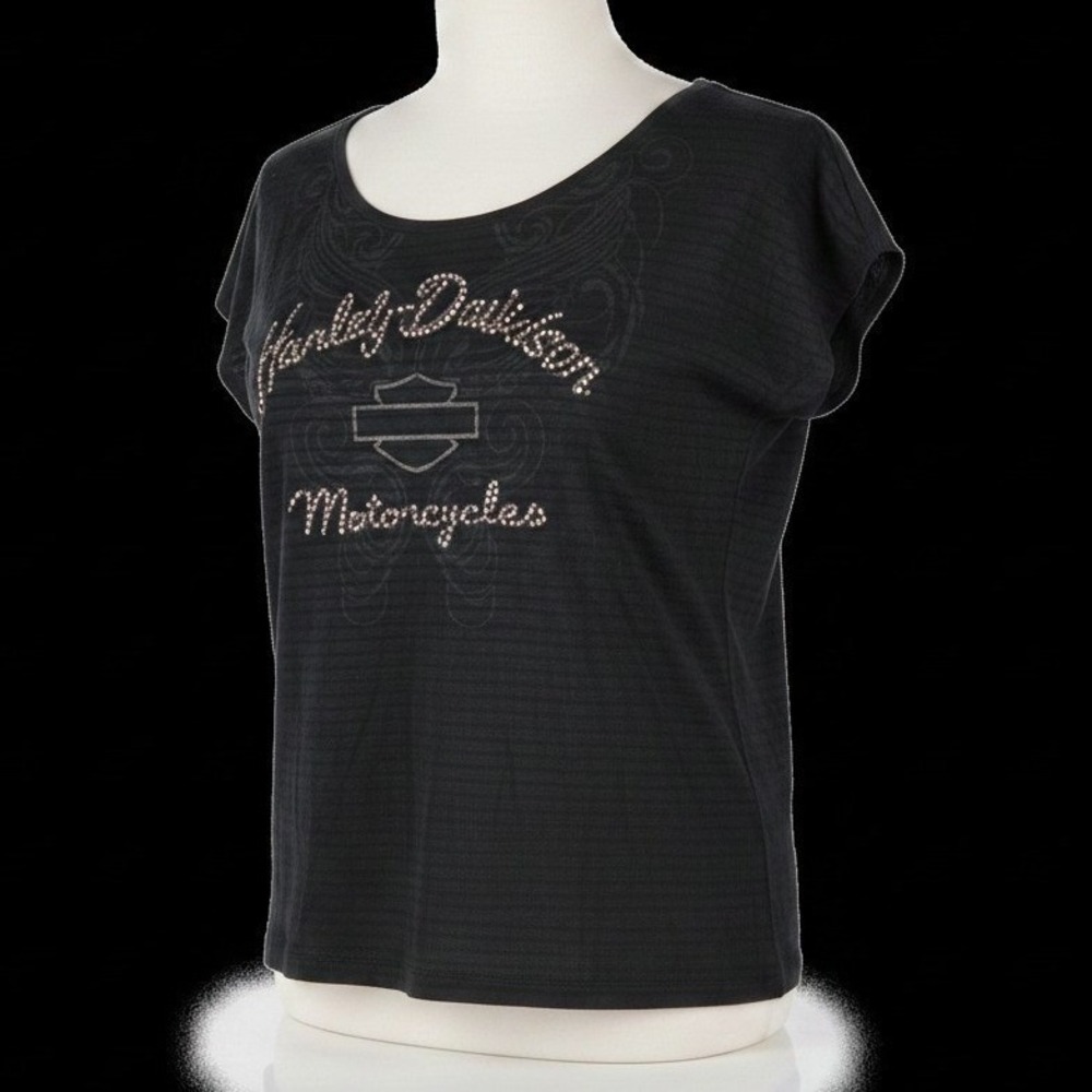 Harley-Davidson Womens XL Black Burnout Rhinestone Logo Strappy Cutout Back Top